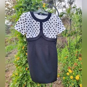 Vintage Constance Saunders Black and White Polka Dot Fitted 90s Dress 8 Large